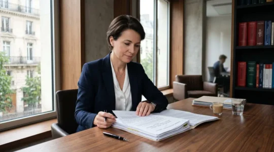 Un Commissaire de justice examinant des documents juridiques dans son étude