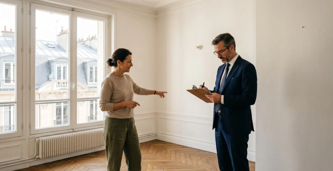 Un propriétaire et un Commissaire de justice réalisant un état des lieux dans un appartement