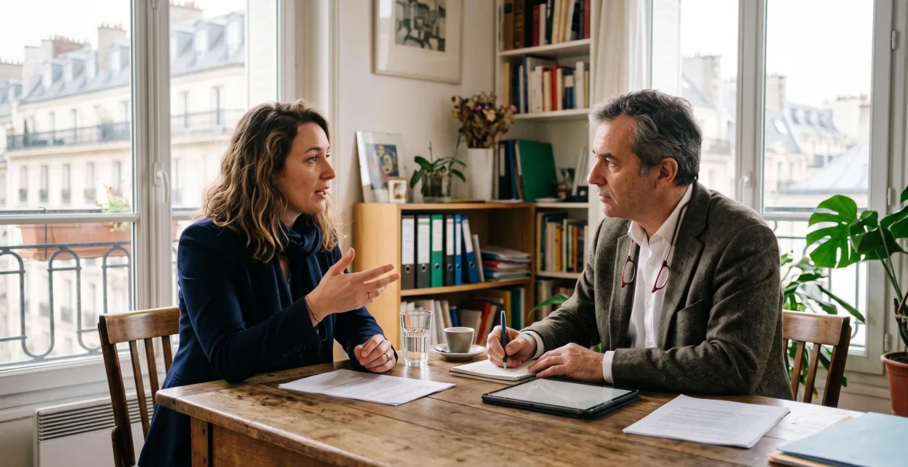 Premier rendez-vous d'un client avec un avocat pour détailler son dossier.