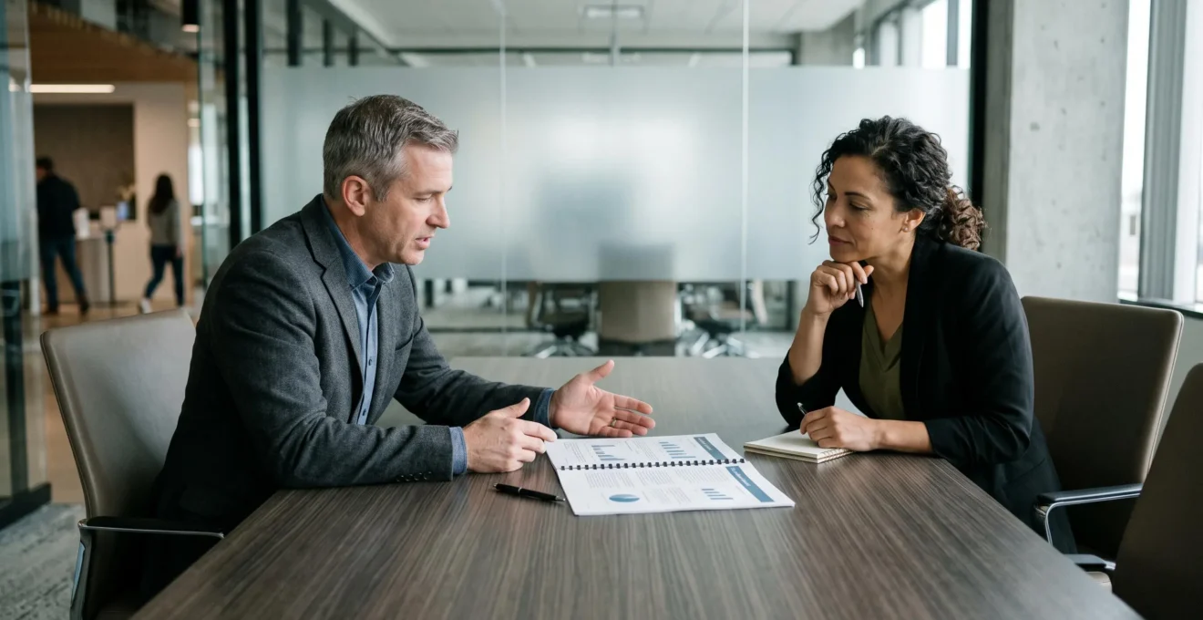 Professionnels en négociation pour trouver une résolution à un conflit de travail.